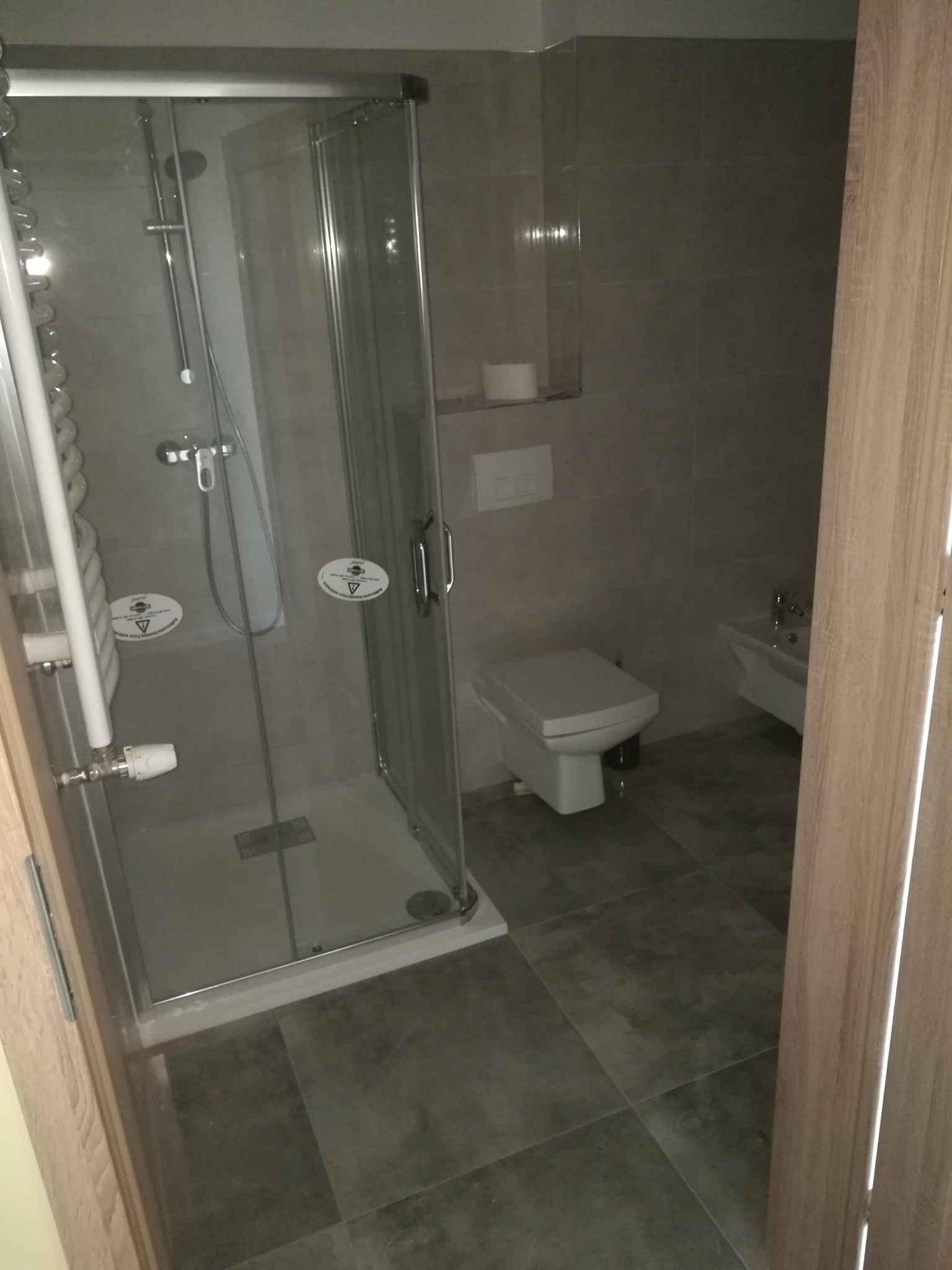 Nowoczesna łazienka z kabiną prysznicową z przezroczystego szkła, grzejnikiem drabinkowym, toaletą i bidetem w szaro-białej kolorystyce.