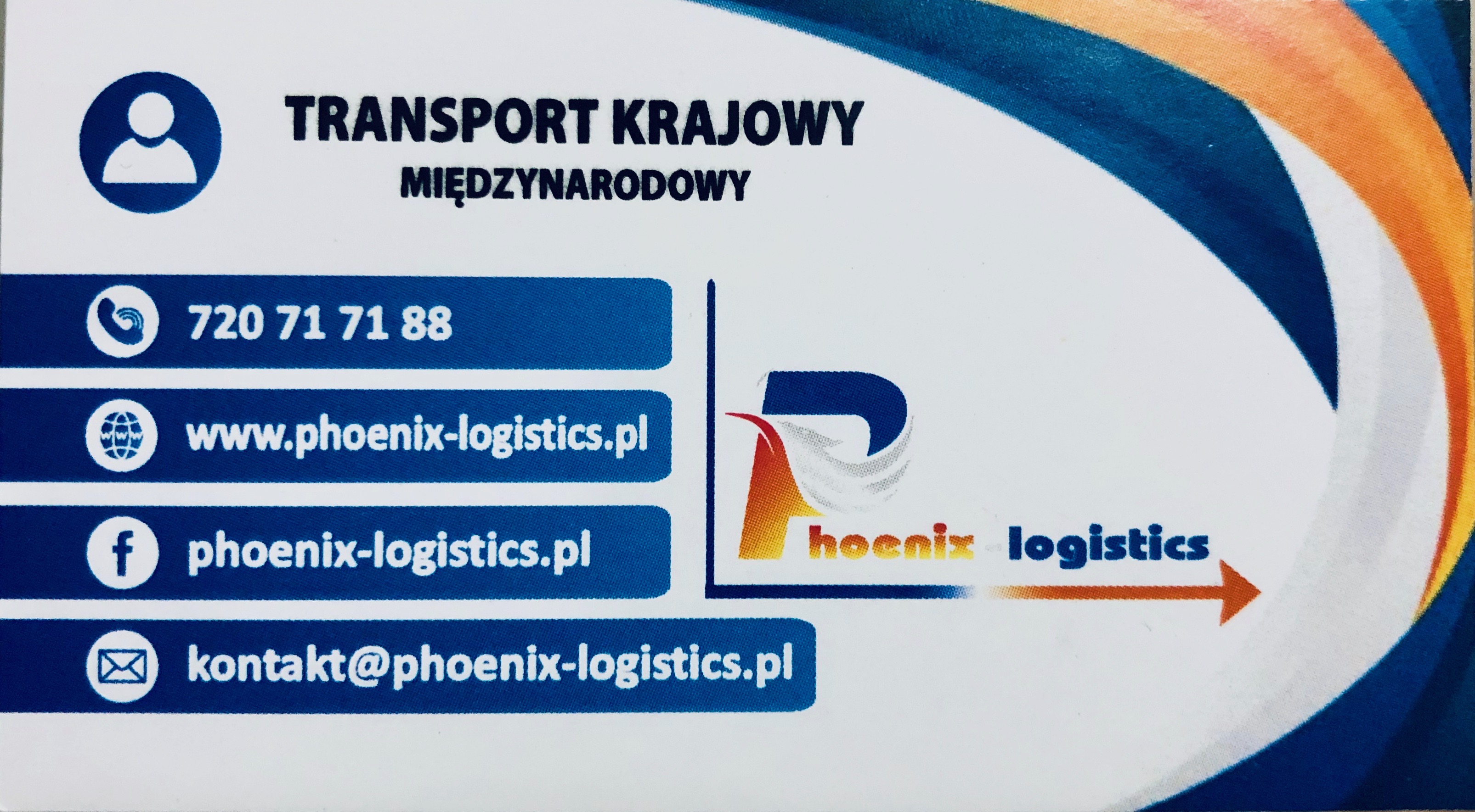 Wizytówka firmy transportowej Phoenix Logistics z numerem telefonu, adresem strony internetowej, profilem na Facebooku i adresem e-mail, oferującej transport krajowy i międzynarodowy.