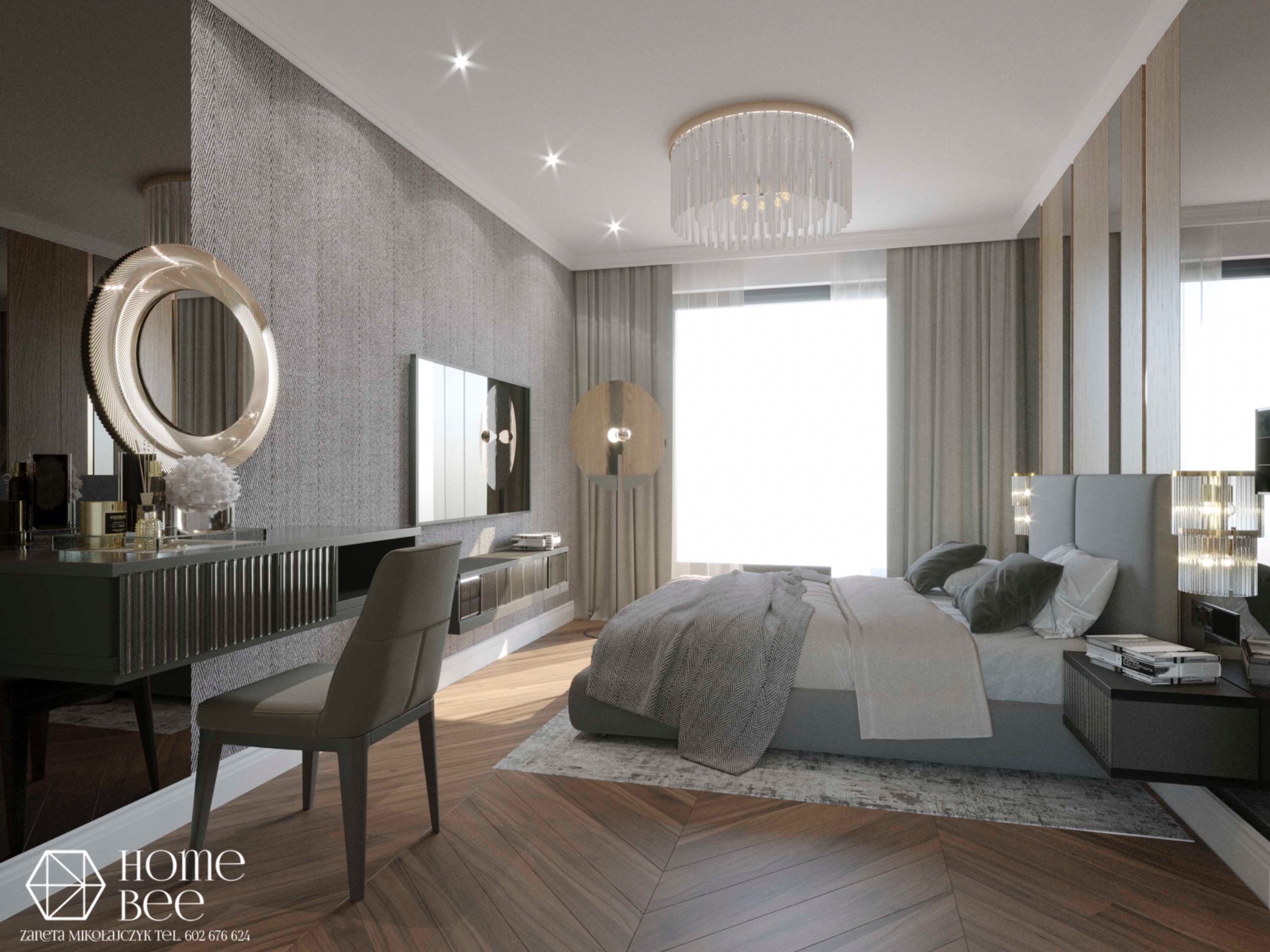 Elegancka sypialnia z szarą tapetą w jodełkę, toaletką z okrągłym lustrem w złotej ramie, łóżkiem z szarą pościelą i lampą wiszącą z kryształkami, oświetlona punktowymi lampami sufitowymi,...