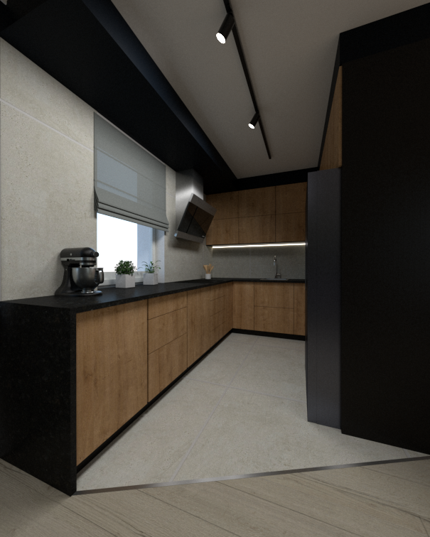 Wnętrze kuchni z drewnianymi frontami szafek, czarnym blatem i sprzętem AGD, oświetlona punktowymi lampami sufitowymi.