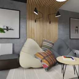 Wizualizacja pokoju dziennego z pufami w kształcie worków, stolikami kawowymi z czarnymi nogami, drewnianą ścianą z oświetleniem punktowym i obrazami w czarnych ramach na szarej ścianie.