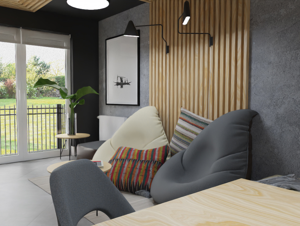 Nowoczesny salon z szarymi ścianami, drewnianymi panelami, dużymi oknami z widokiem na ogród, designerskimi lampami ściennymi, oraz wygodnymi pufami w odcieniach szarości i beżu, uzupełnionymi...