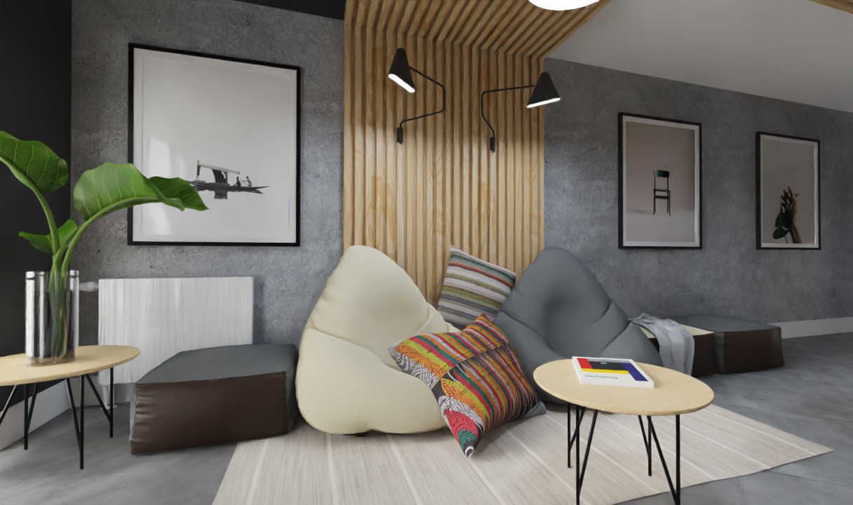 Wizualizacja pokoju dziennego z pufami w kształcie worków, stolikami kawowymi z czarnymi nogami, drewnianą ścianą z oświetleniem punktowym i obrazami w czarnych ramach na szarej ścianie.