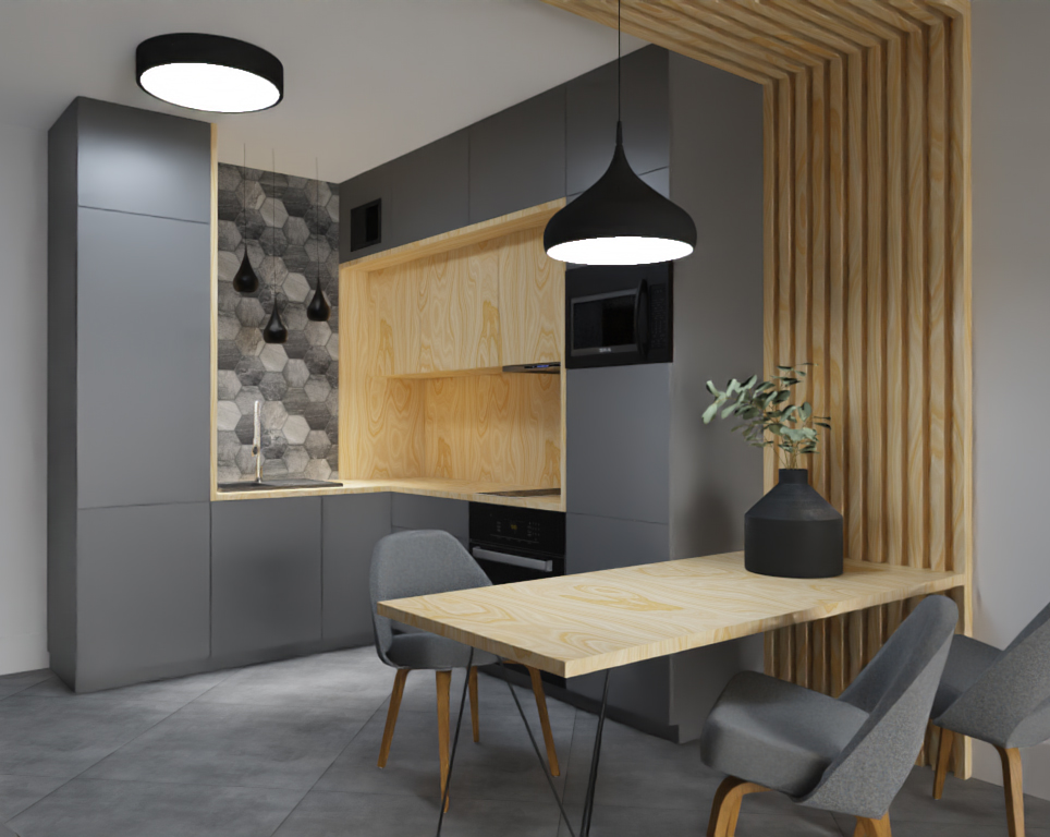 Wizualizacja szarej kuchni z drewnianymi akcentami: szafki, blat, dekoracyjna ścianka z pionowych listew, stół z krzesłami, czarne lampy wiszące, heksagonalna mozaika nad zlewem, czarny wazon...