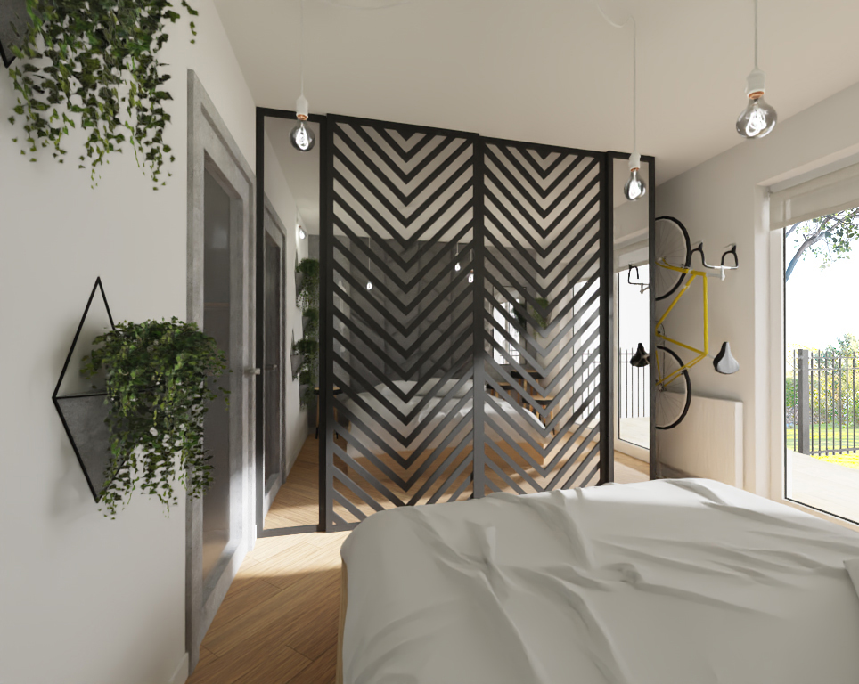 Nowoczesna sypialnia z ażurową ścianką działową w zygzaki, wiszącymi lampami bez kloszy, rowerem na ścianie i roślinami w geometrycznych doniczkach.