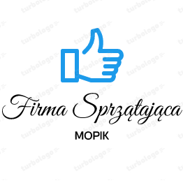 Grafika z niebieską ikoną kciuka w górę, napisem 'Firma Sprzątająca' stylizowaną czcionką oraz słowem 'MOPIK' poniżej, na białym tle z delikatnym, powtarzalnym znakiem wodnym.