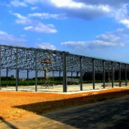 Konstrukcja stalowa hali w trakcie montażu, widoczne rusztowania i pracownicy na wysokości, błękitne niebo z chmurami w tle.