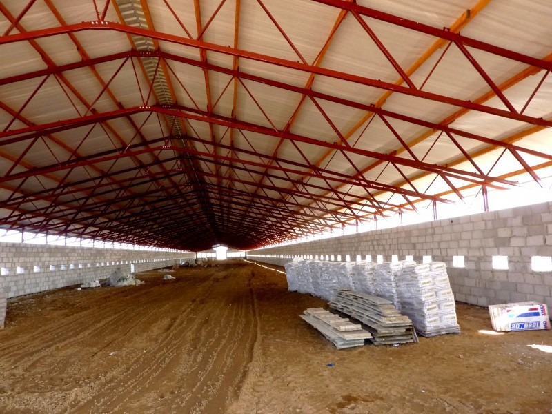 Wnętrze hali w trakcie budowy, widoczne ściany z bloczków betonowych, stalowa konstrukcja dachu pomalowana na czerwono, izolacja dachu i podłoże z ziemi. Składowane materiały budowlane w workach...