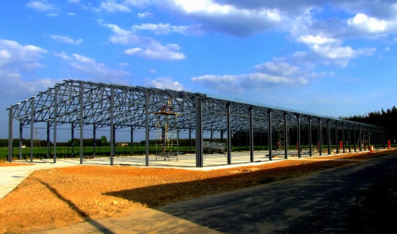 Konstrukcja stalowa hali w trakcie montażu, widoczne rusztowania i pracownicy na wysokości, błękitne niebo z chmurami w tle.