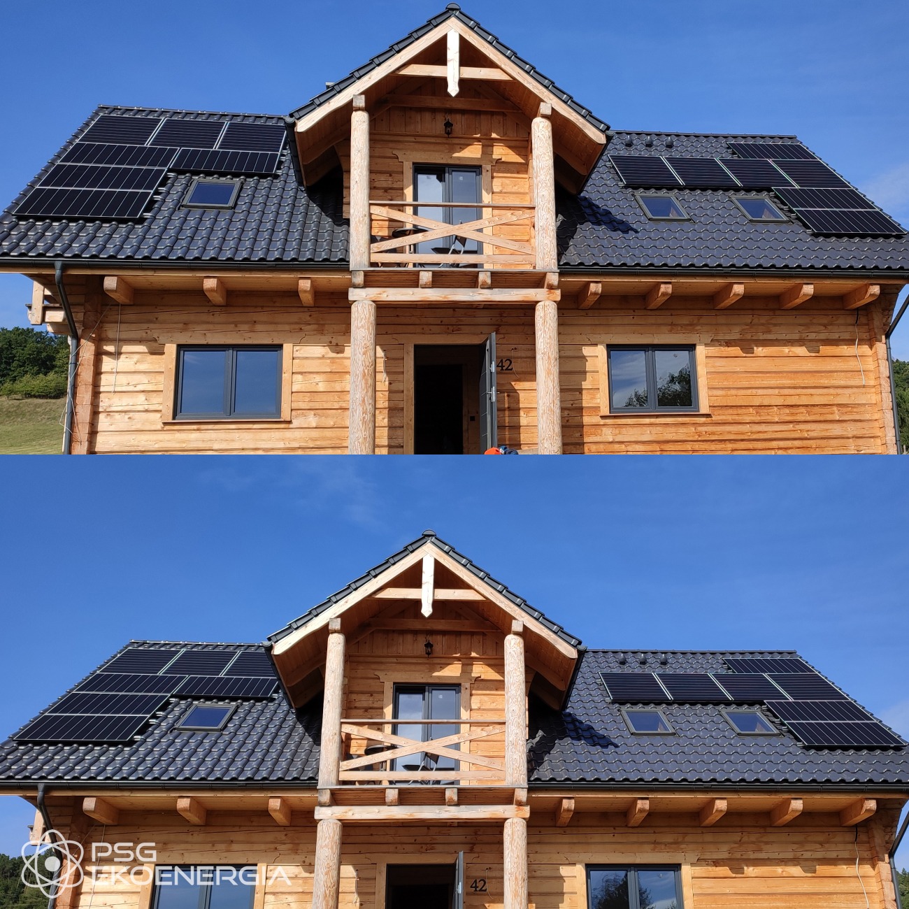 Drewniany dom z ciemną dachówką i panelami słonecznymi na dachu, widok z dołu na elewację i część dachu.