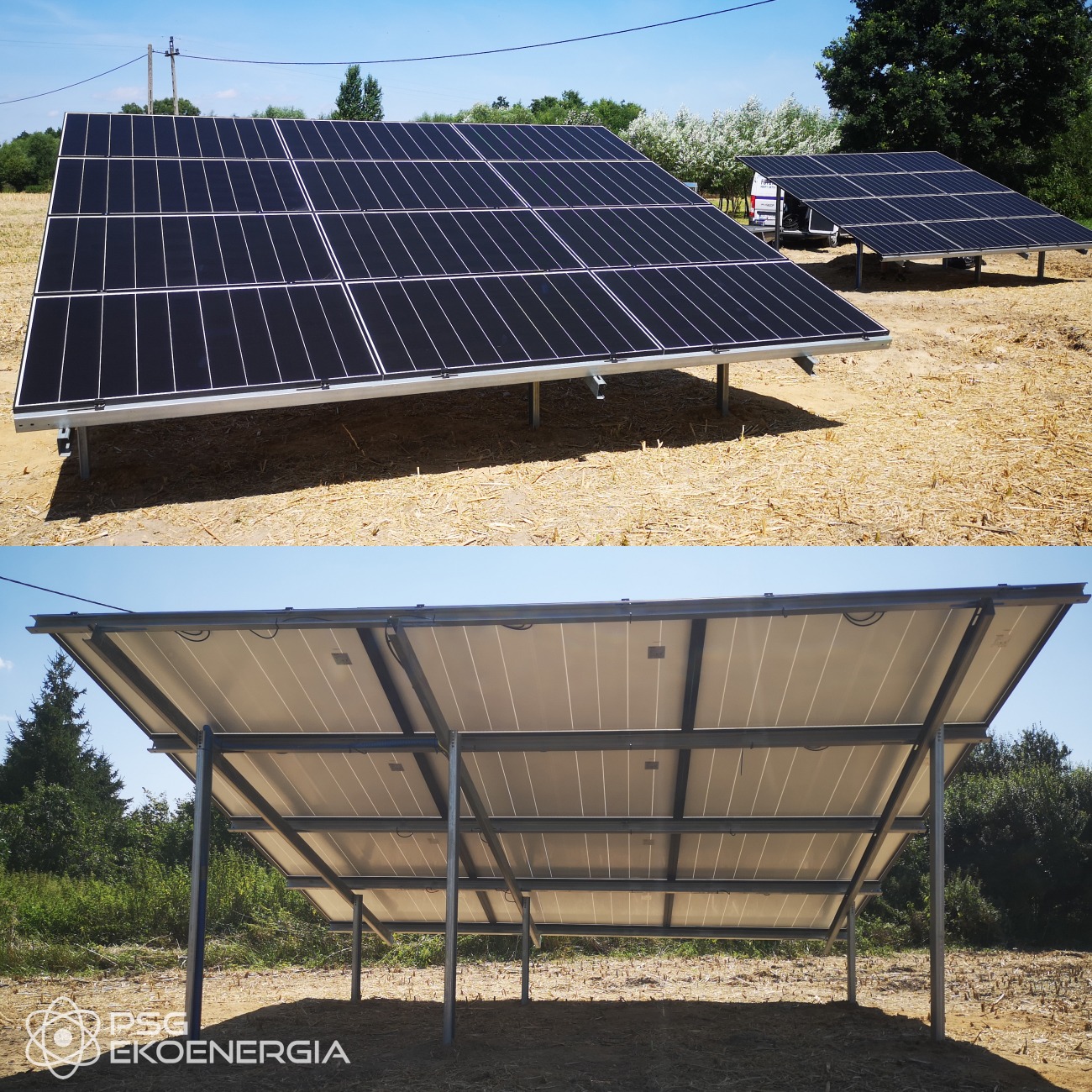 Dwa rzędy paneli słonecznych na metalowych konstrukcjach, widok z przodu i od spodu, z samochodem serwisowym w tle na polu ze ścierniskiem.
