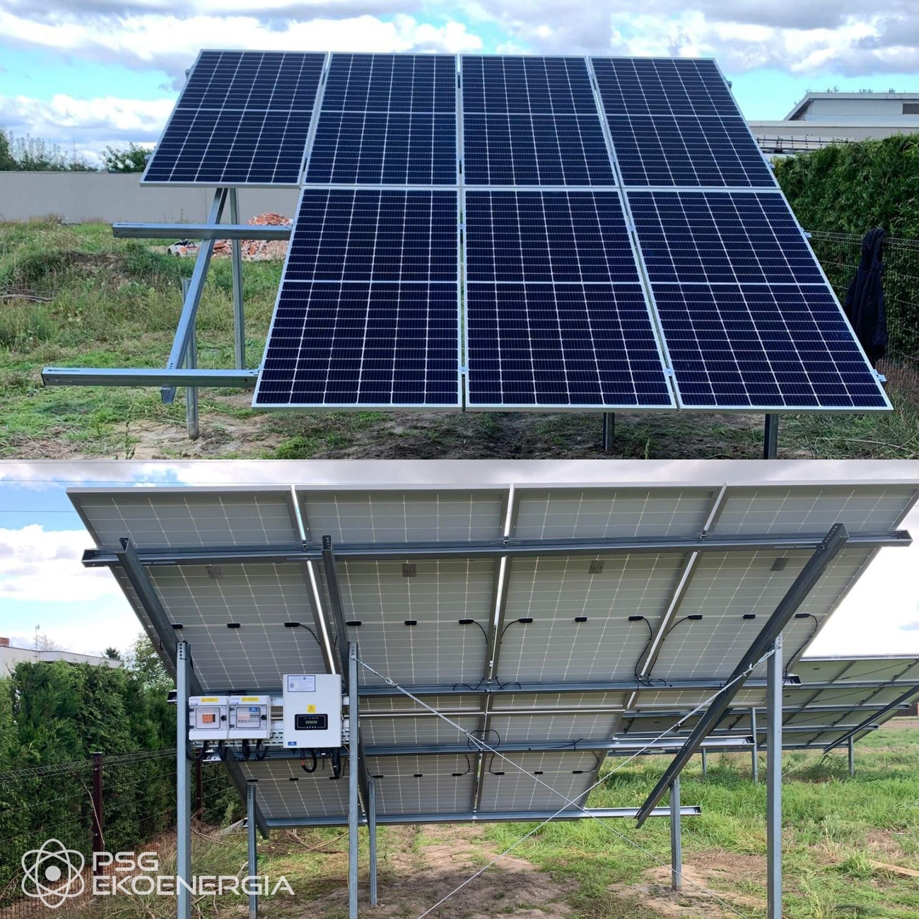 Dwu-ujęciowa instalacja paneli słonecznych na konstrukcji wsporczej, widok z przodu i od spodu z widoczną skrzynką elektryczną i inwerterem, na tle trawy i ogrodzenia.