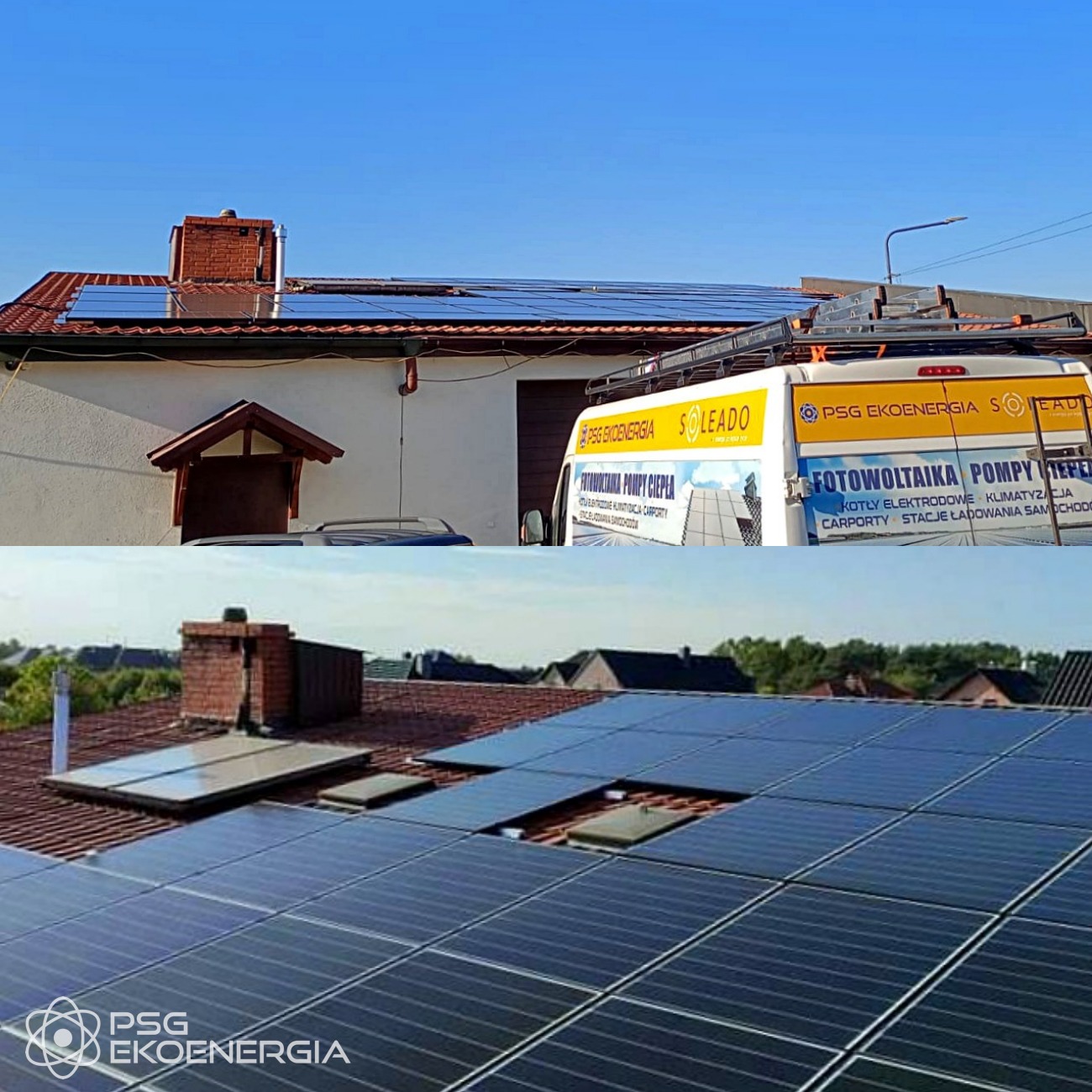 Instalacja paneli słonecznych na dachu domu jednorodzinnego, widoczny firmowy van z reklamą fotowoltaiki i pomp ciepła, błękitne niebo w tle.