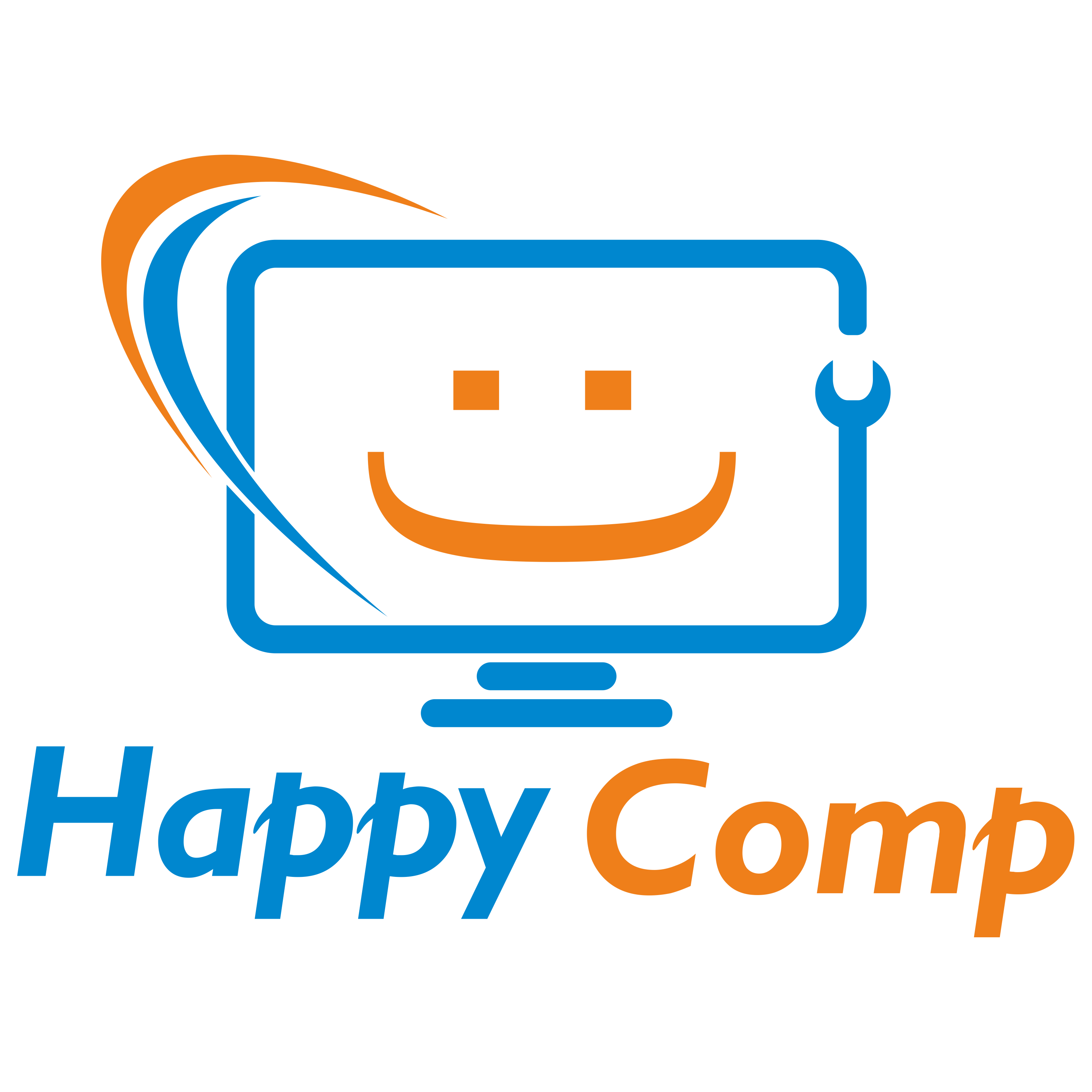 Logo firmy komputerowej Happy Comp z uśmiechniętym monitorem i kluczem francuskim, utrzymane w kolorystyce niebiesko-pomarańczowej na czarnym tle.