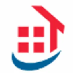 Czerwono-niebieskie logo przedstawiające stylizowany dom z czterema oknami i łukiem u podstawy.