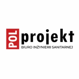 Logo firmy 'POL projekt' - Biuro Inżynierii Sanitarnej, z czerwonym kwadratem po lewej stronie z białym napisem 'POL' w pionie i czarnym napisem 'projekt' oraz pod spodem 'BIURO INŻYNIERII...