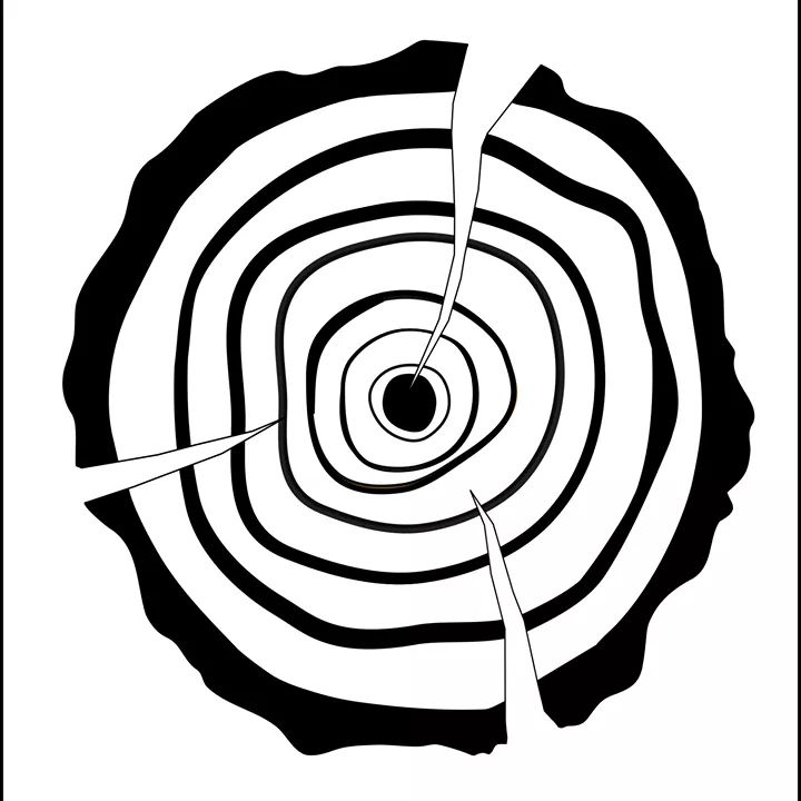 Czarno-biała ilustracja przekroju pnia drzewa z widocznymi słojami i pęknięciami.