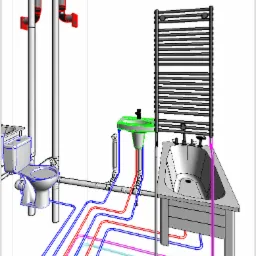 Schemat 3D łazienki z kolorowym oznaczeniem instalacji wodnej i kanalizacyjnej, widoczne: umywalka, toaleta, grzejnik drabinkowy i wanna na nóżkach.
