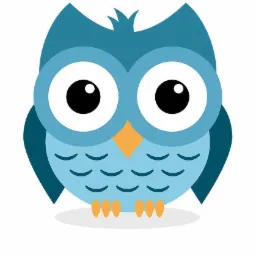 Ilustracja graficzna przedstawiająca stylizowaną, niebieską sowę z dużymi okrągłymi oczami, pomarańczowym dziobem i trzema okrągłymi elementami imitującymi nogi.