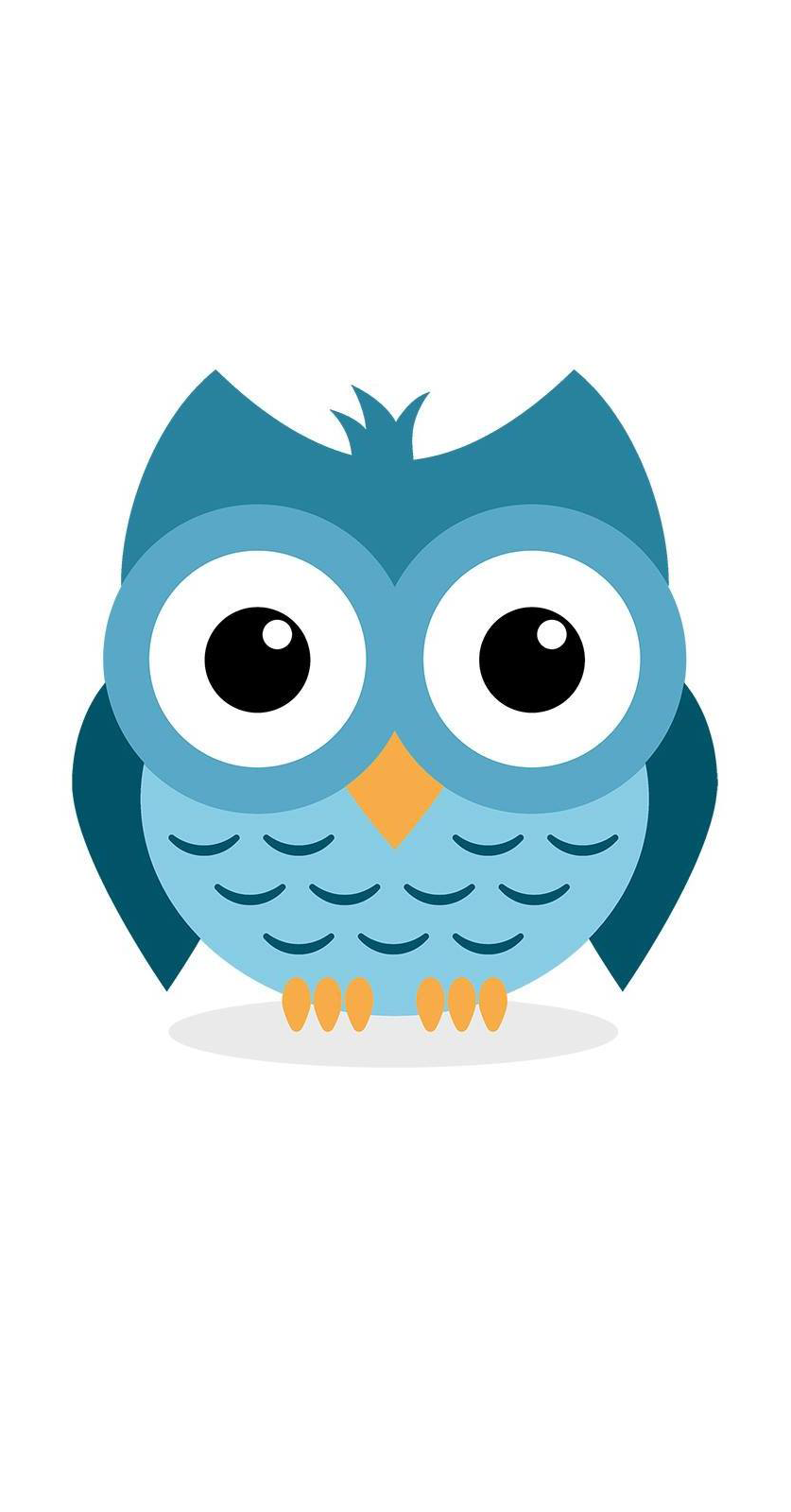 Ilustracja graficzna przedstawiająca stylizowaną, niebieską sowę z dużymi okrągłymi oczami, pomarańczowym dziobem i trzema okrągłymi elementami imitującymi nogi.