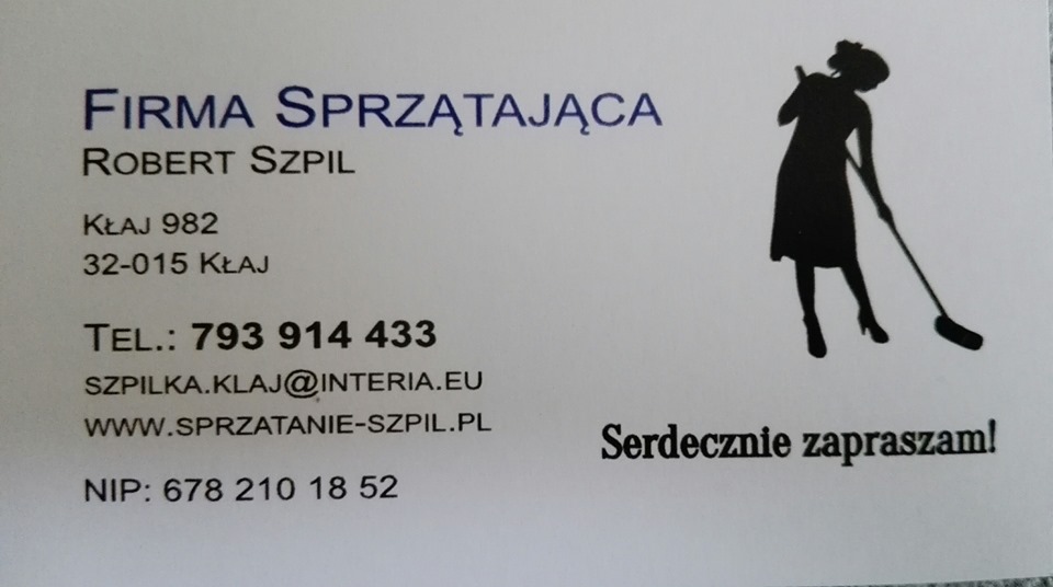 Wizytówka firmy sprzątającej z sylwetką kobiety sprzątającej podłogę mopem, zawierająca dane kontaktowe: nazwę firmy, imię i nazwisko, adres, numer telefonu, adres e-mail i adres strony internetowej.