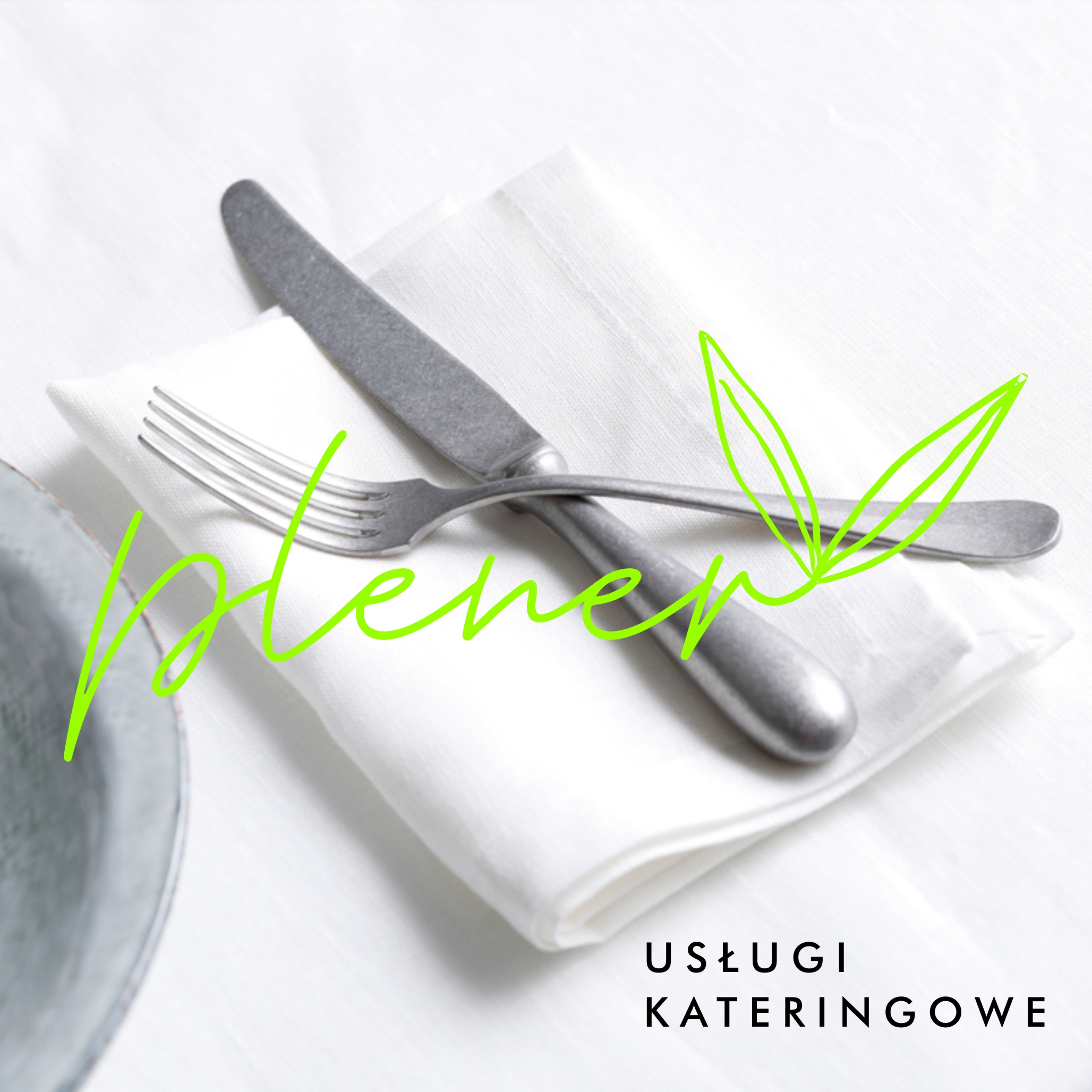Nóż i widelec ze stali nierdzewnej skrzyżowane na białej, złożonej serwetce z bawełny, obok szarego talerza. Grafika w odcieniach zieleni w tle.