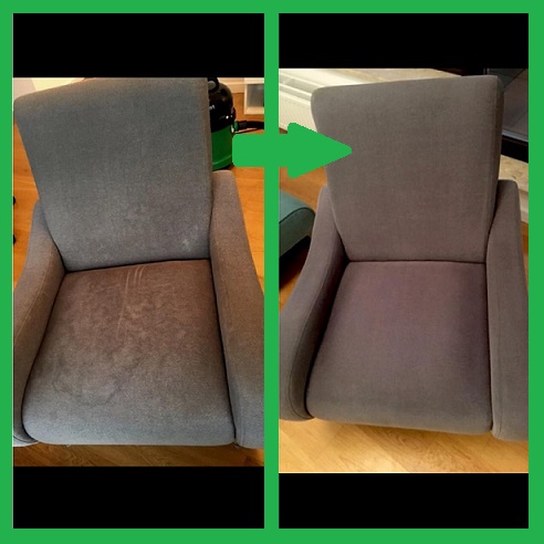 Krzesło tapicerowane, porównanie stanu przed i po czyszczeniu, widoczne plamy i zabrudzenia usunięte, drewniana podłoga w tle.