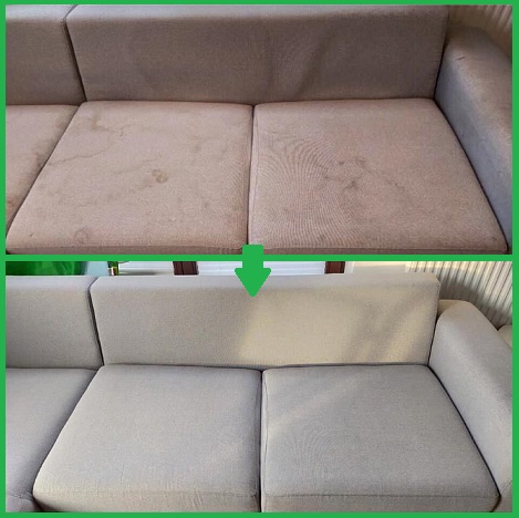 Porównanie stanu kanapy przed i po czyszczeniu w Warszawie, widoczne wyraźne różnice w usunięciu plam i zabrudzeń z tapicerki.