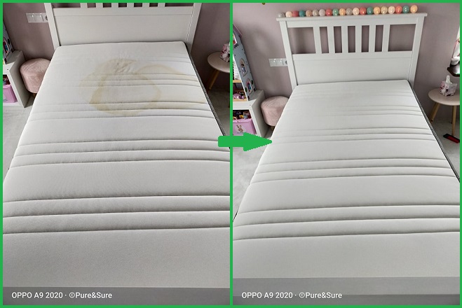 Porównanie: Biały materac przed i po czyszczeniu, widoczne plamy usunięte, efekt odświeżenia w pokoju dziecięcym z różowymi akcentami.