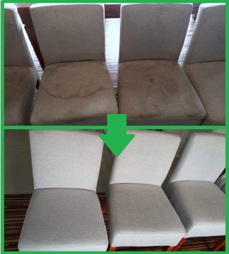 Porównanie krzeseł tapicerowanych przed i po czyszczeniu. Widoczne plamy na siedziskach przed czyszczeniem i odświeżony wygląd po zabiegu.