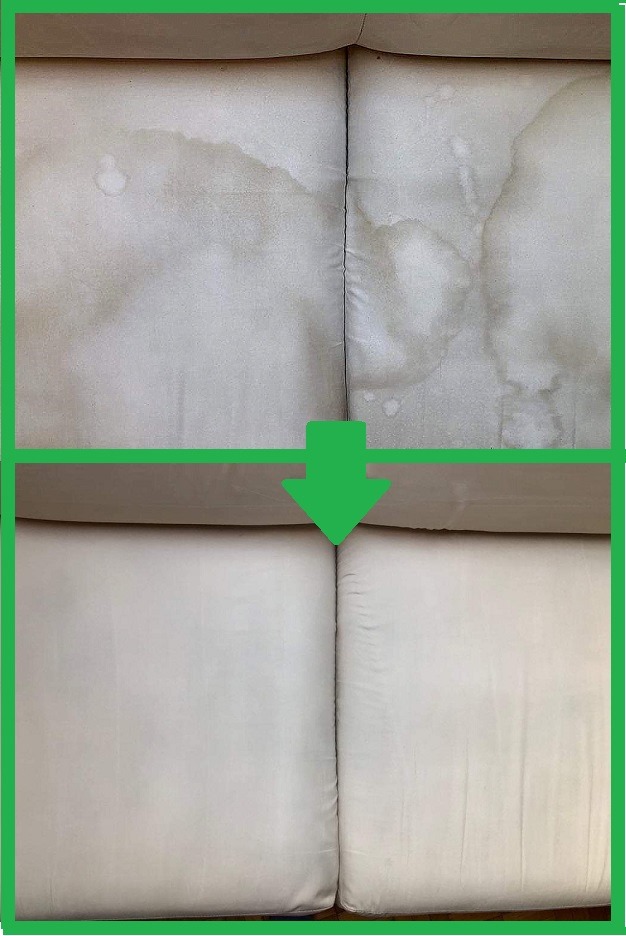 Porównanie: fragment jasnej kanapy z widocznymi, ciemnymi plamami i przebarwieniami przed i po czyszczeniu, z zieloną strzałką wskazującą na efekt.