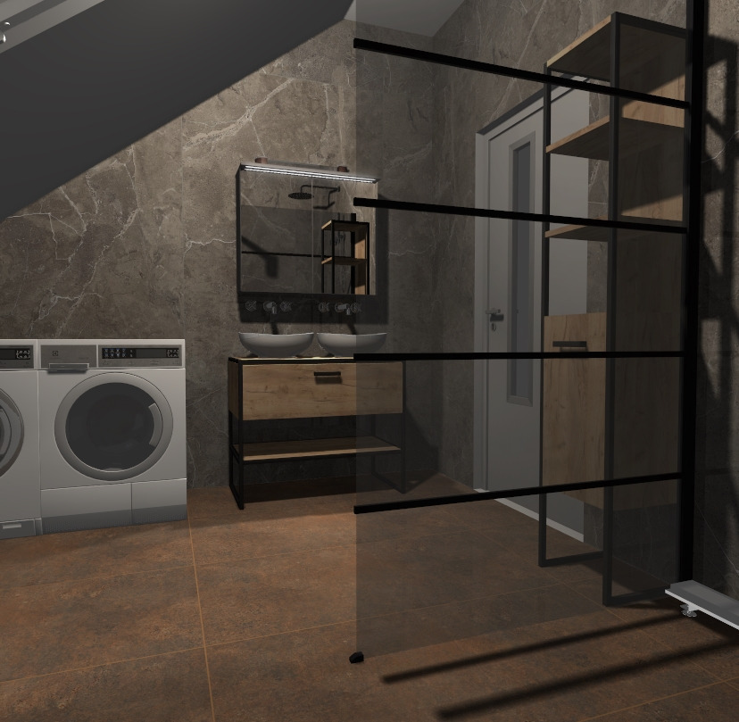 Nowoczesna łazienka z marmurowymi ścianami, dwiema umywalkami na drewnianej szafce, pralkami i kabiną prysznicową z czarnymi ramami.