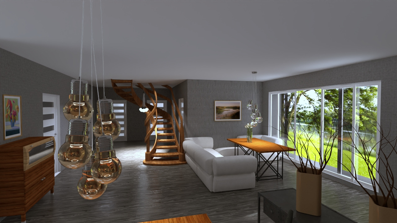 Wnętrze salonu z drewnianymi schodami spiralnymi, białym narożnikiem, stołem z drewnianym blatem i lampami wiszącymi w kształcie żarówek, widok na ogród przez duże okna.