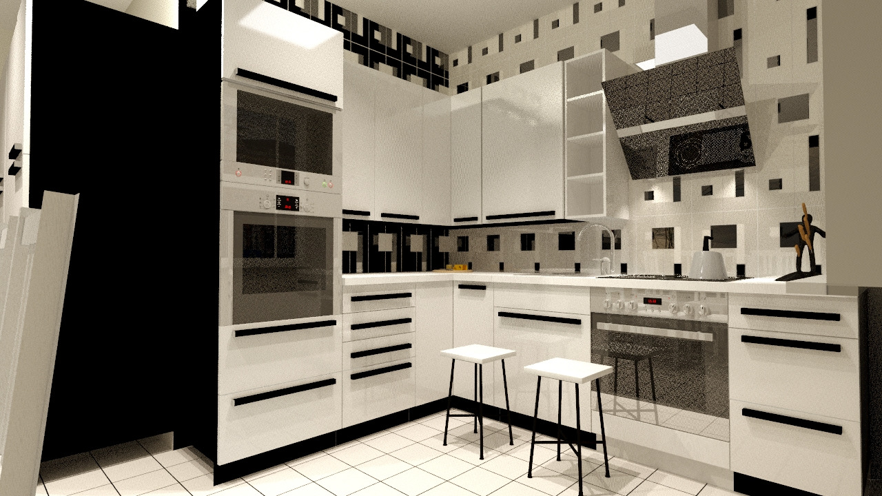 Wizualizacja nowoczesnej kuchni w bieli i czerni z geometrycznymi wzorami na ścianach, dwoma białymi stołkami barowymi i wbudowanym piekarnikiem