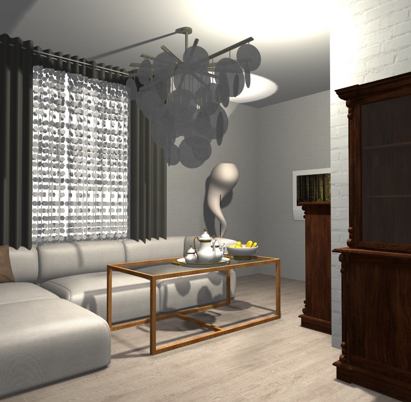 Salon z szarym narożnikiem, stolikiem kawowym z zastawą i owocami, ozdobną lampą wiszącą i rzeźbą na tle szarej ściany z oknem zasłoniętym zasłonami.