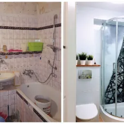 Porównanie łazienki przed i po remoncie: stara, z biało-różowymi płytkami i nowa, z kabiną prysznicową z motywem wieży Eiffla i pralką.