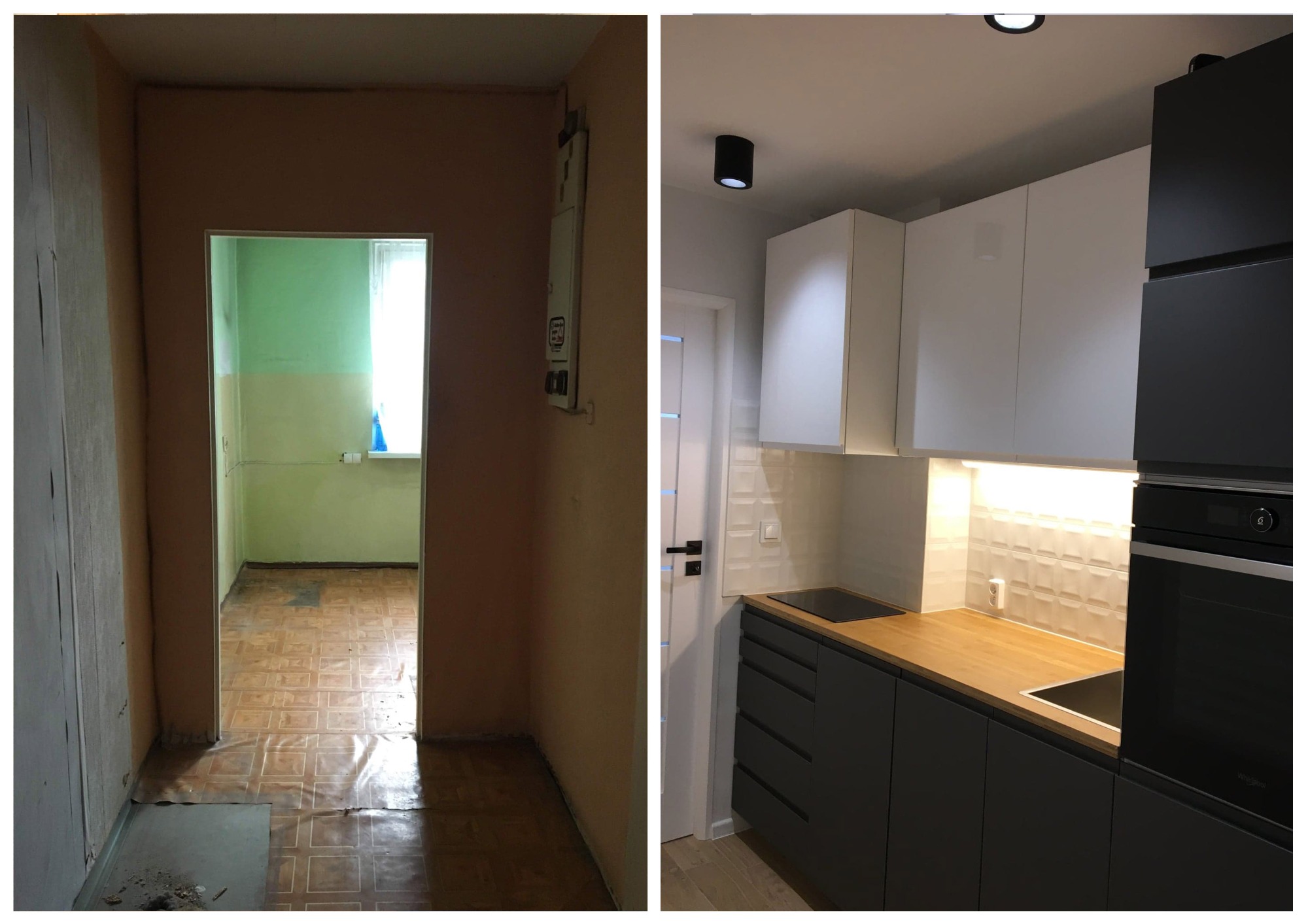 Porównanie stanu kuchni przed i po remoncie: po lewej surowe ściany i zniszczona podłoga, po prawej nowoczesna zabudowa kuchenna z białymi szafkami górnymi i grafitowymi dolnymi, drewniany blat...
