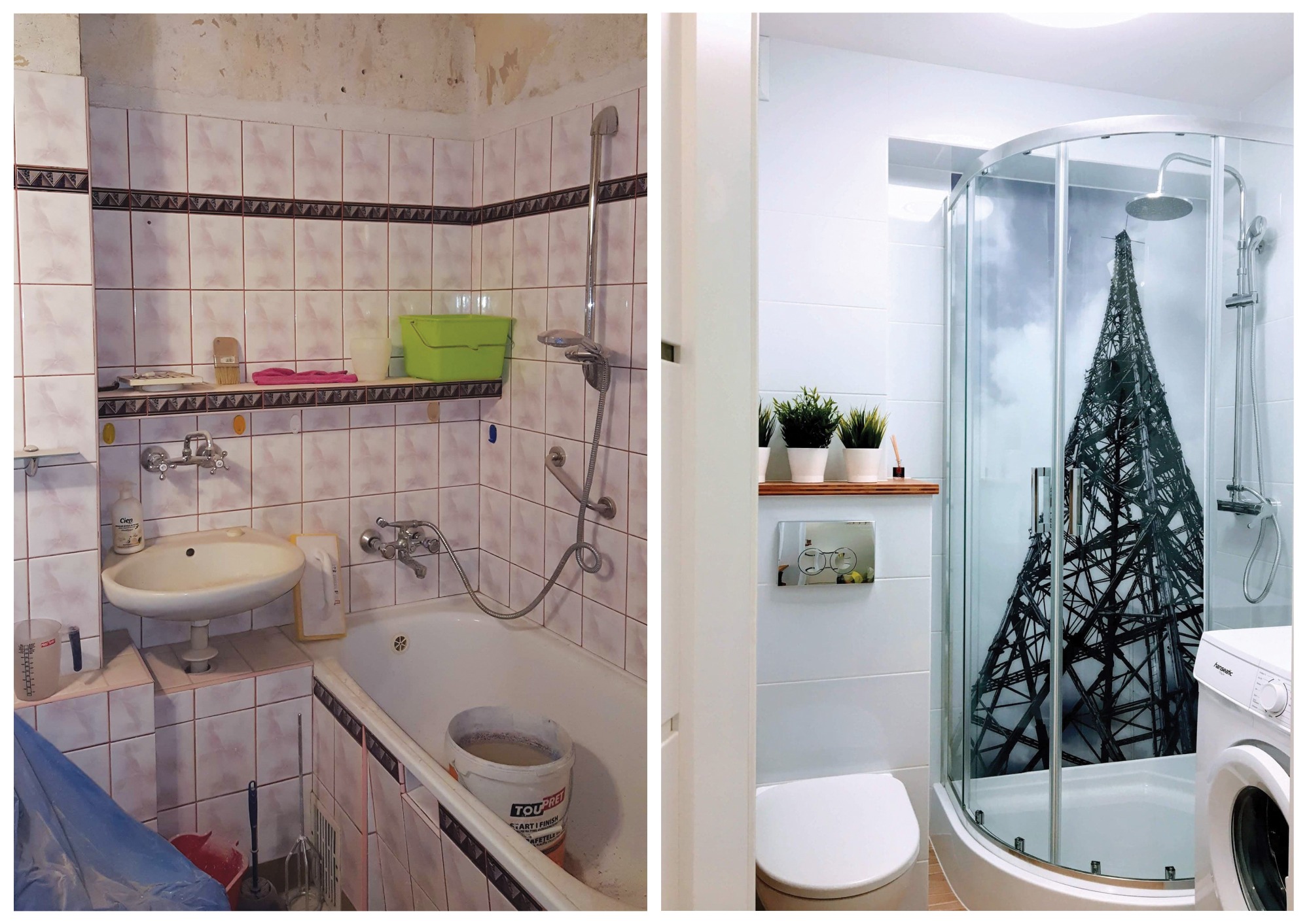 Porównanie łazienki przed i po remoncie: stara, z biało-różowymi płytkami i nowa, z kabiną prysznicową z motywem wieży Eiffla i pralką.
