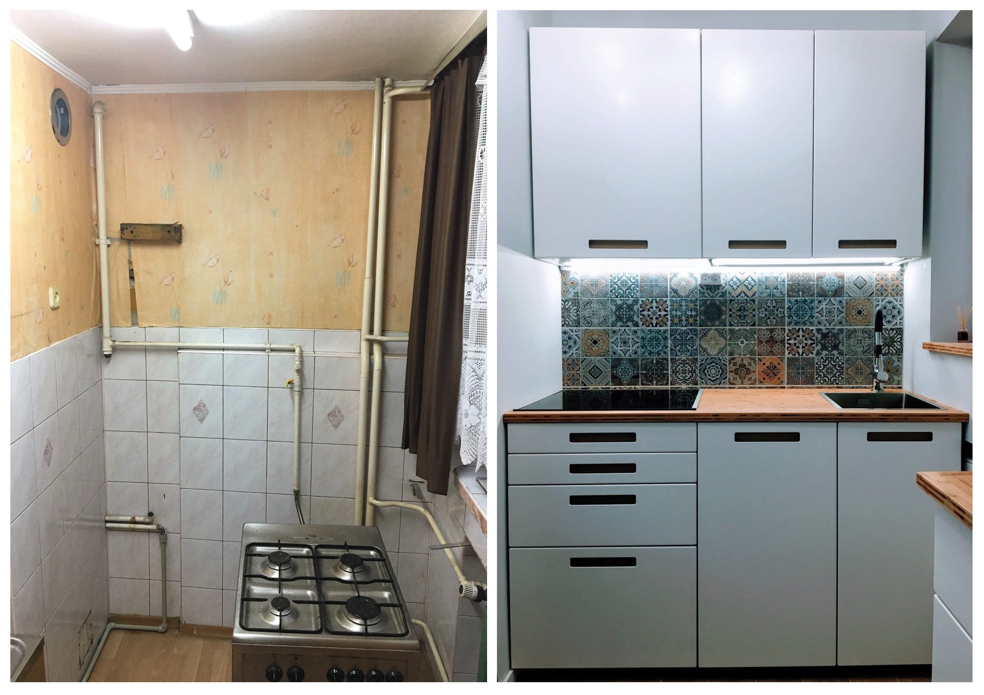 Kuchenna metamorfoza: porównanie stanu przed i po. Po lewej stara kuchnia z gazową kuchenką, brudnymi kafelkami i rurami na ścianie. Po prawej nowoczesna, jasna kuchnia z białymi szafkami...