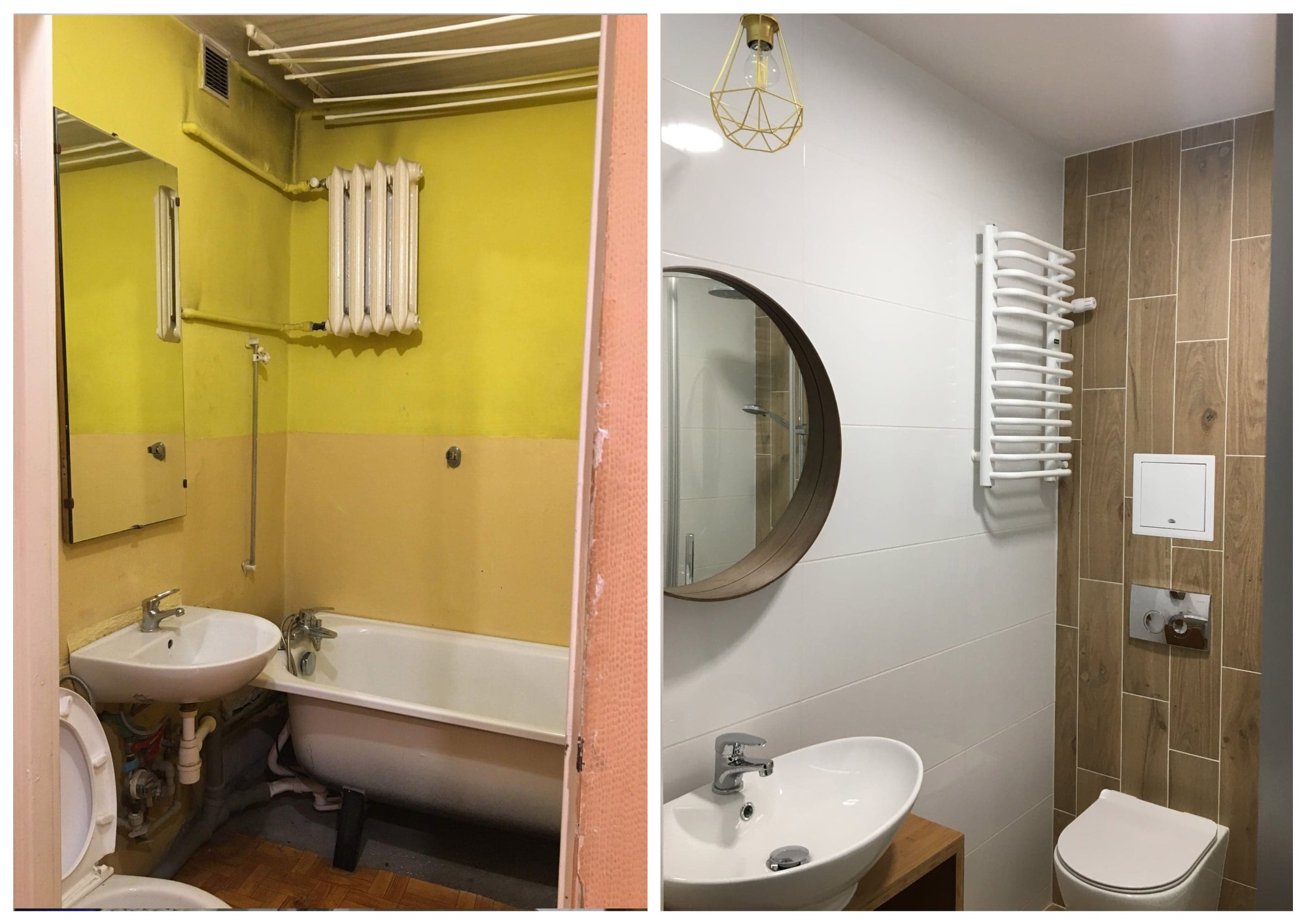 Porównanie łazienki przed i po remoncie: żółte ściany, stara armatura i nowa, jasna łazienka z drewnopodobnymi płytkami, okrągłym lustrem i nowoczesną armaturą.