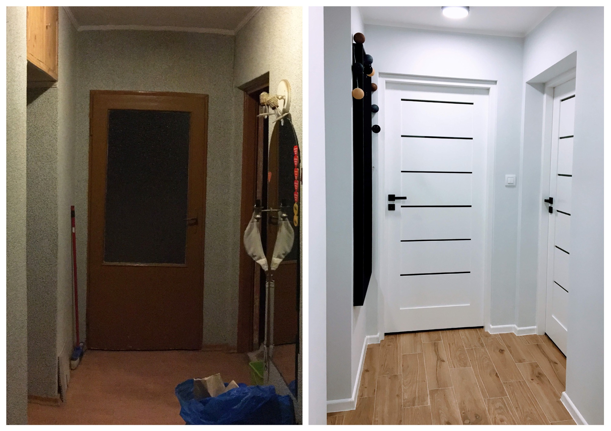 Przed i po: metamorfoza przedpokoju z brązowych drzwi z szybą i ciemnych ścian na białe drzwi z czarnymi akcentami, jasne ściany i drewnopodobne płytki podłogowe.