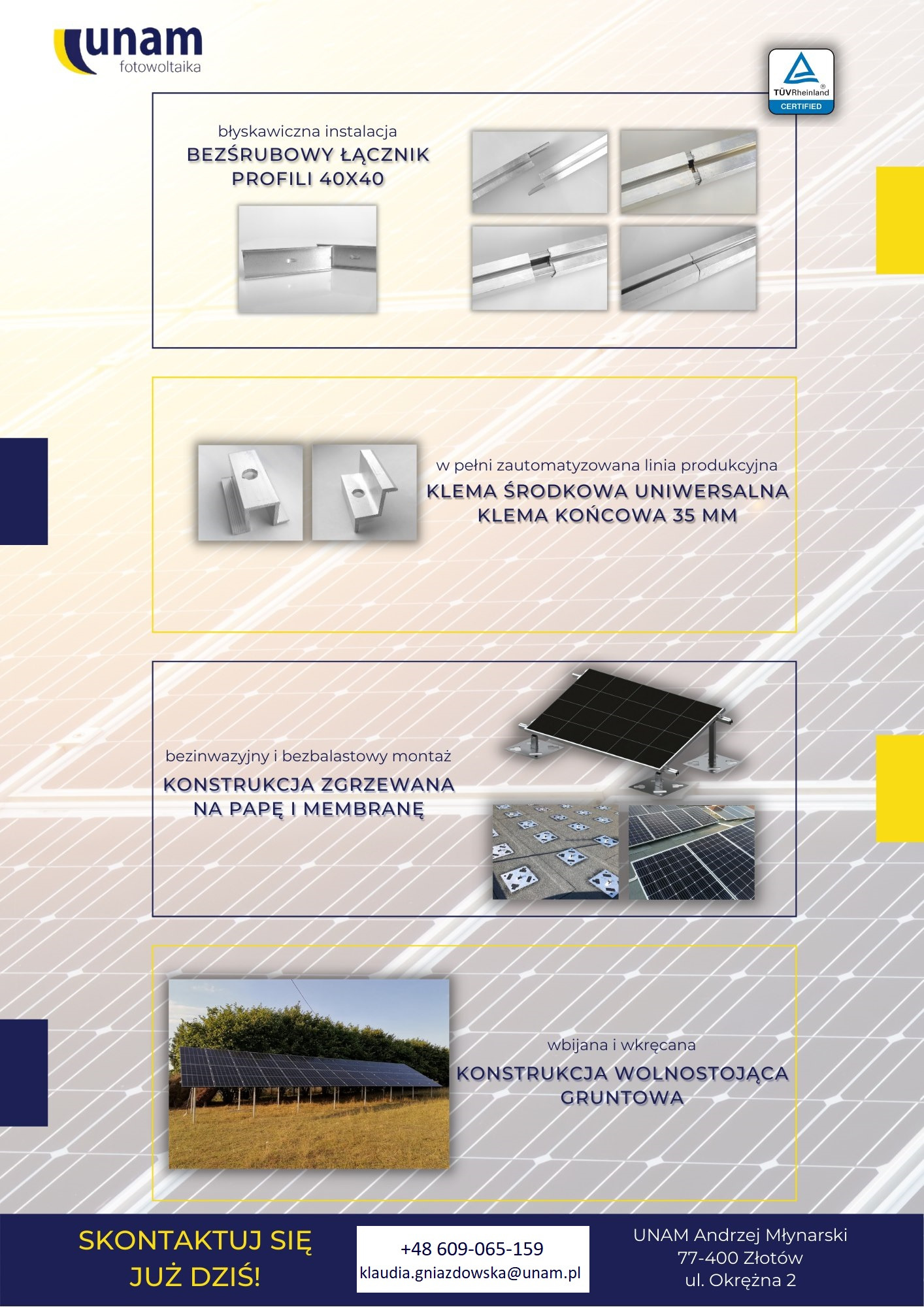 Kolaż prezentujący elementy montażowe instalacji fotowoltaicznych: bezśrubowy łącznik profili, klemy środkowe i końcowe, konstrukcje zgrzewane na papę i membrany oraz wolnostojąca konstrukcja...