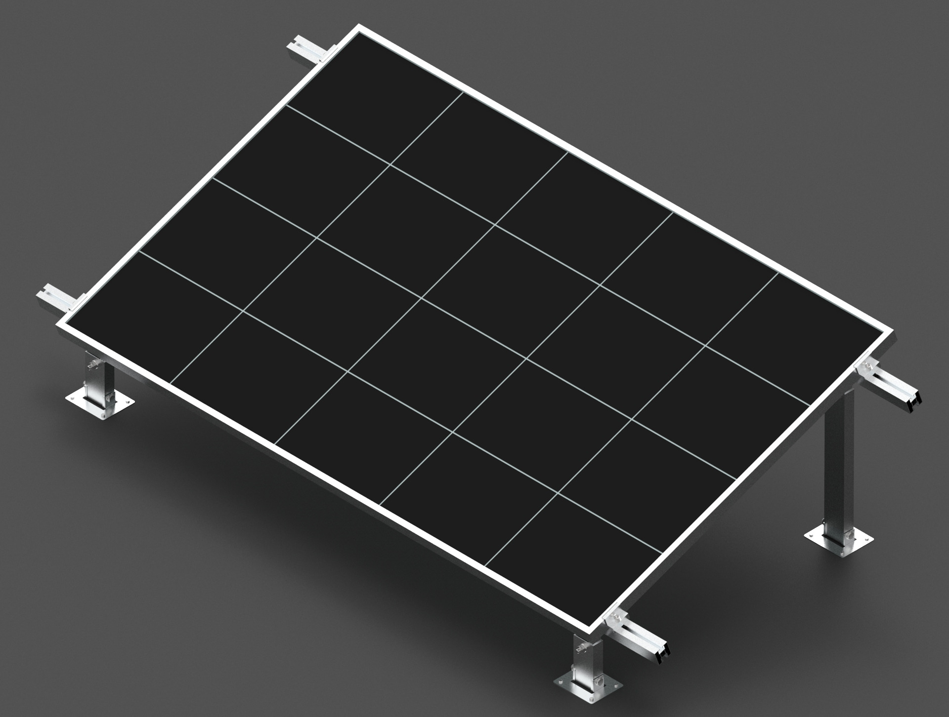 Czarny panel słoneczny z białą ramą zamontowany na metalowej konstrukcji wsporczej na szarym tle, widok z góry pod kątem.