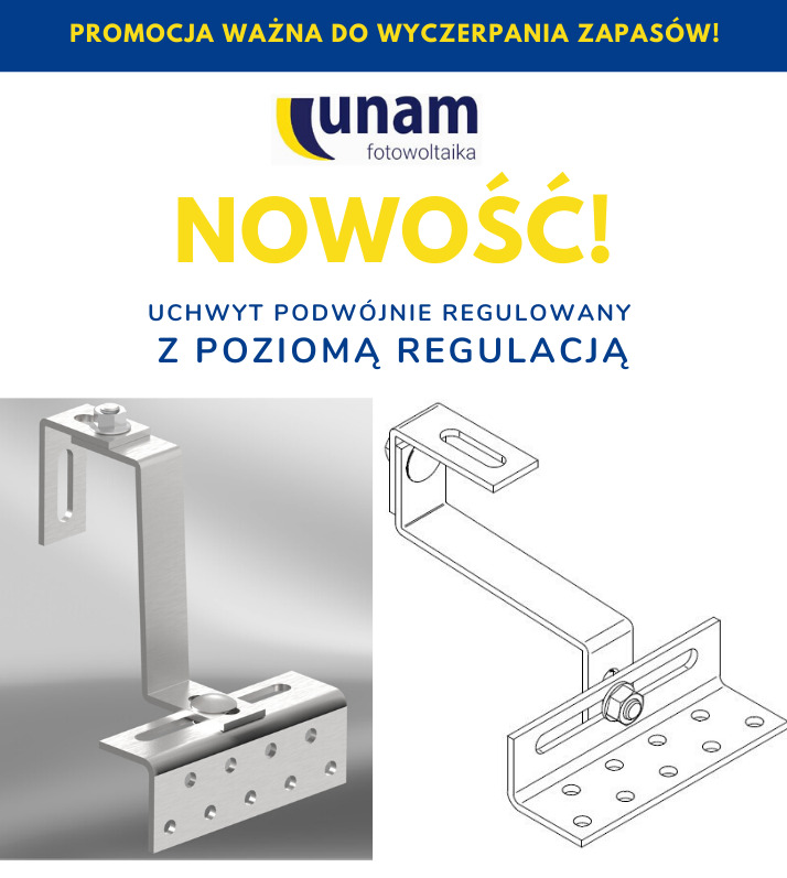 Grafika reklamowa prezentująca uchwyt montażowy do paneli słonecznych, podwójnie regulowany z regulacją poziomą, obok rysunek techniczny tego samego uchwytu, na górze napis 'NOWOŚĆ!' i logo firmy.