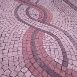 Wzór w kształcie ósemki ułożony z kostki granitowej w odcieniach szarości, różu i czerni, tworzący dekoracyjny chodnik.