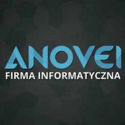 Logo firmy informatycznej Anovei na abstrakcyjnym, ciemnoszarym tle.