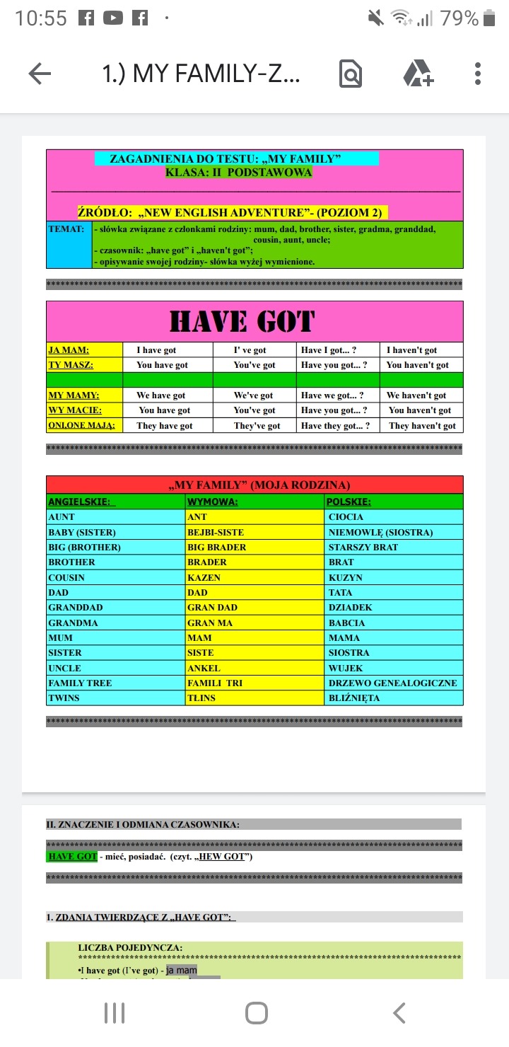 Skan dokumentu z tabelą gramatyczną języka angielskiego, skupiający się na odmianie czasownika 'have got' w kontekście rodziny, z tłumaczeniami na język polski.