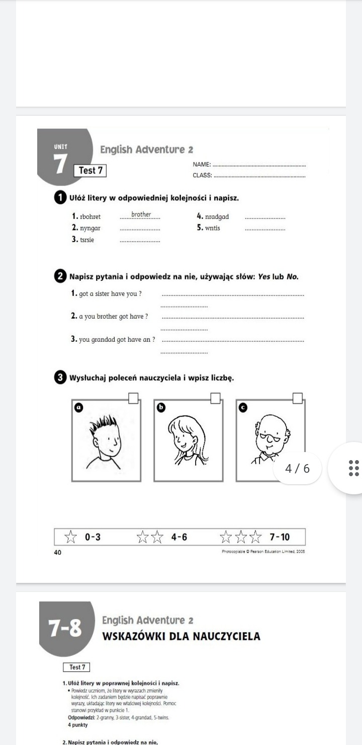 Strona z ćwiczeniami z podręcznika do nauki języka angielskiego, z zadaniami na słownictwo i gramatykę, ilustrowana rysunkami postaci.