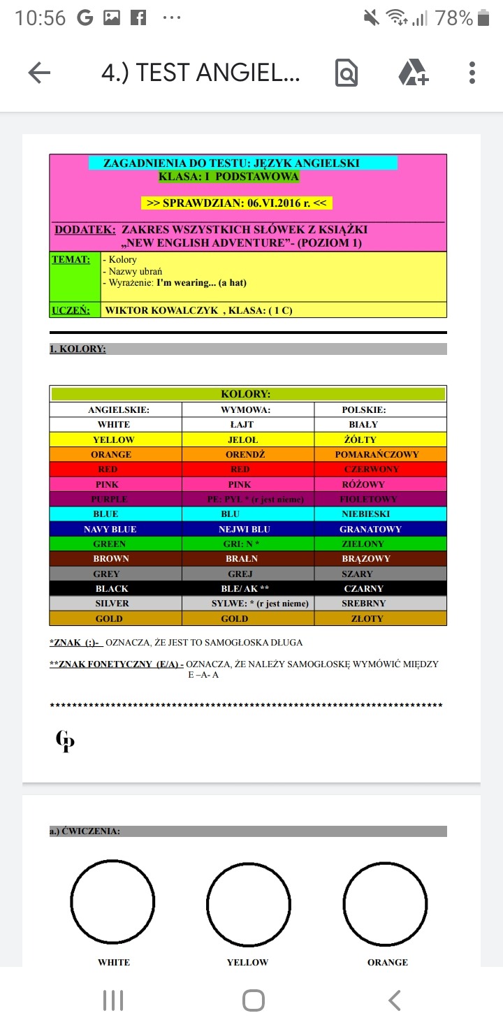 Skan kartki z testem z języka angielskiego dla klasy I podstawowej, zawierający tabelę z nazwami kolorów po angielsku i polsku oraz ćwiczenia z kolorami.
