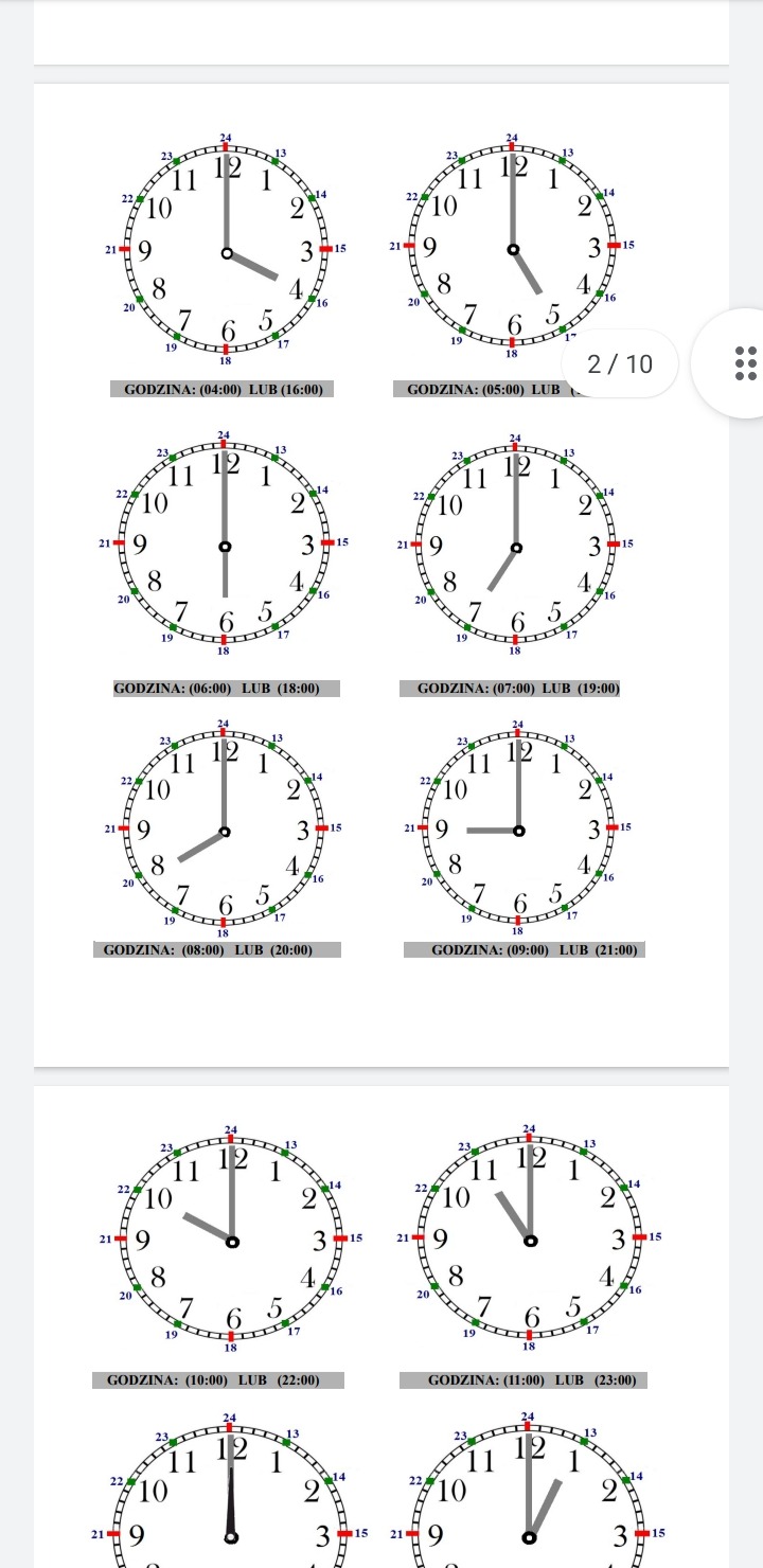 Zestaw zegarów analogowych przedstawiających różne godziny, od 4:00 do 11:00, z dodatkowymi oznaczeniami 24-godzinnymi.